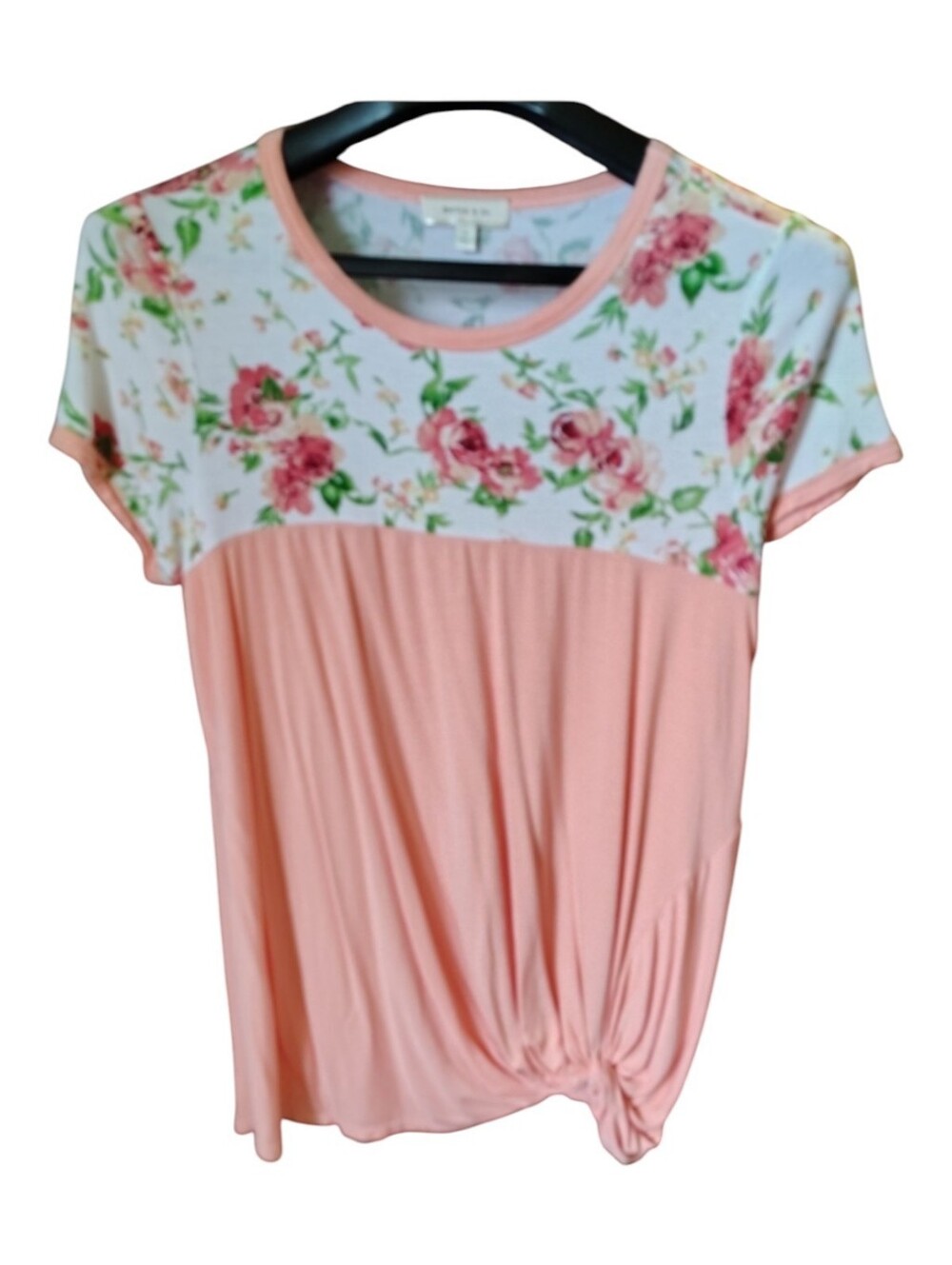 Floral Yoke Pink Tie-Hem Short Sleeve Tee
